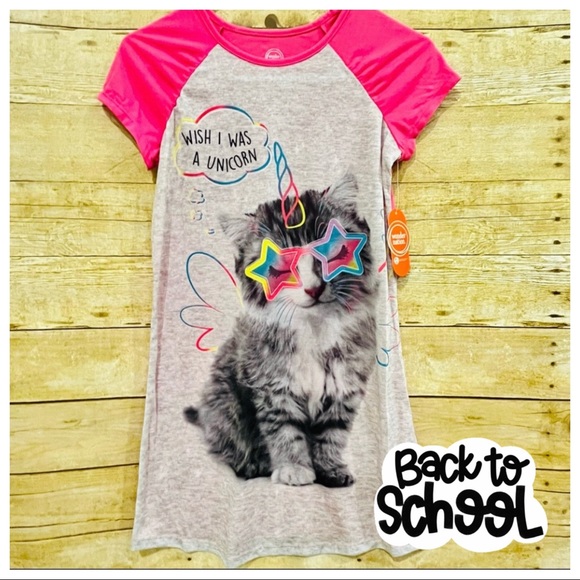 wonder nation Other - “Wish I was a Unicorn” ~Cat Wearing Star Shaped Glasses Girls Nightgown